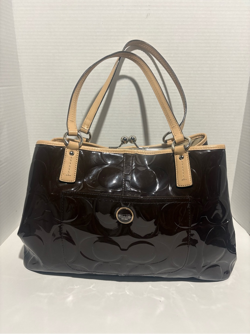 Coach Patent Leather Tote in Dark Brown with Tan Handles
